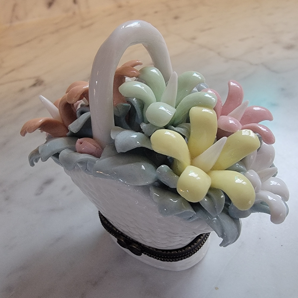 SOLD OUT White Porcelain Trinket Box Basket with Pastel Flowers